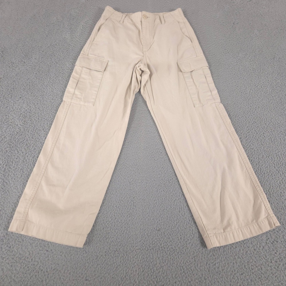 Uniqlo Pants Womens 8 Beige Cargo Wide Leg Cotton Utility Pockets Elastic Waist
